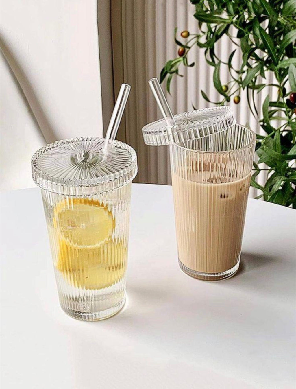 Crystal iced coffee glass cup with glass straw