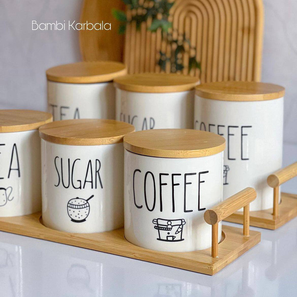 ☕ طقم برطمان بورسلين بغطاء خشب بامبو | Porcelain Jar Set with Bamboo Lid