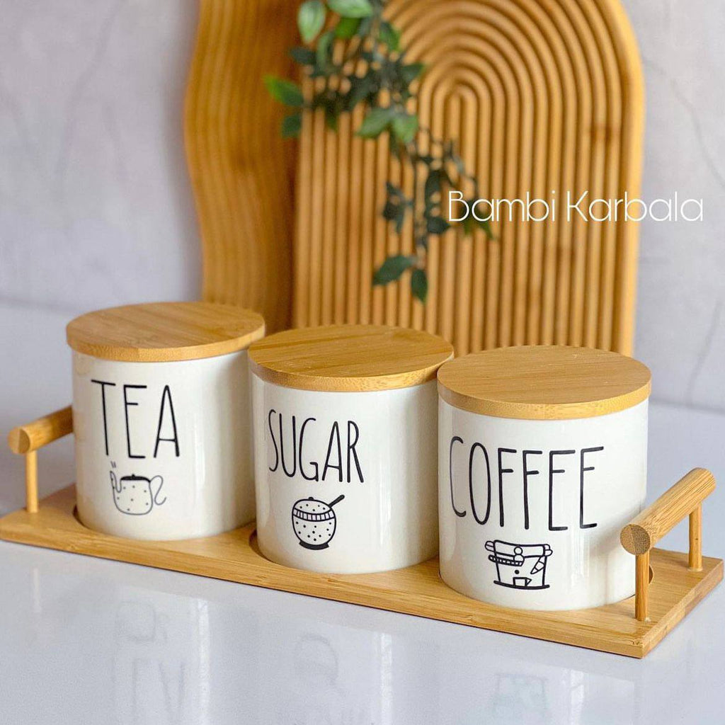 ☕ طقم برطمان بورسلين بغطاء خشب بامبو | Porcelain Jar Set with Bamboo Lid