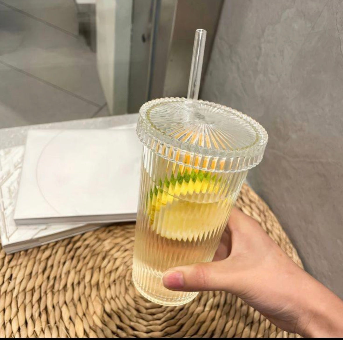 Crystal iced coffee glass cup with glass straw