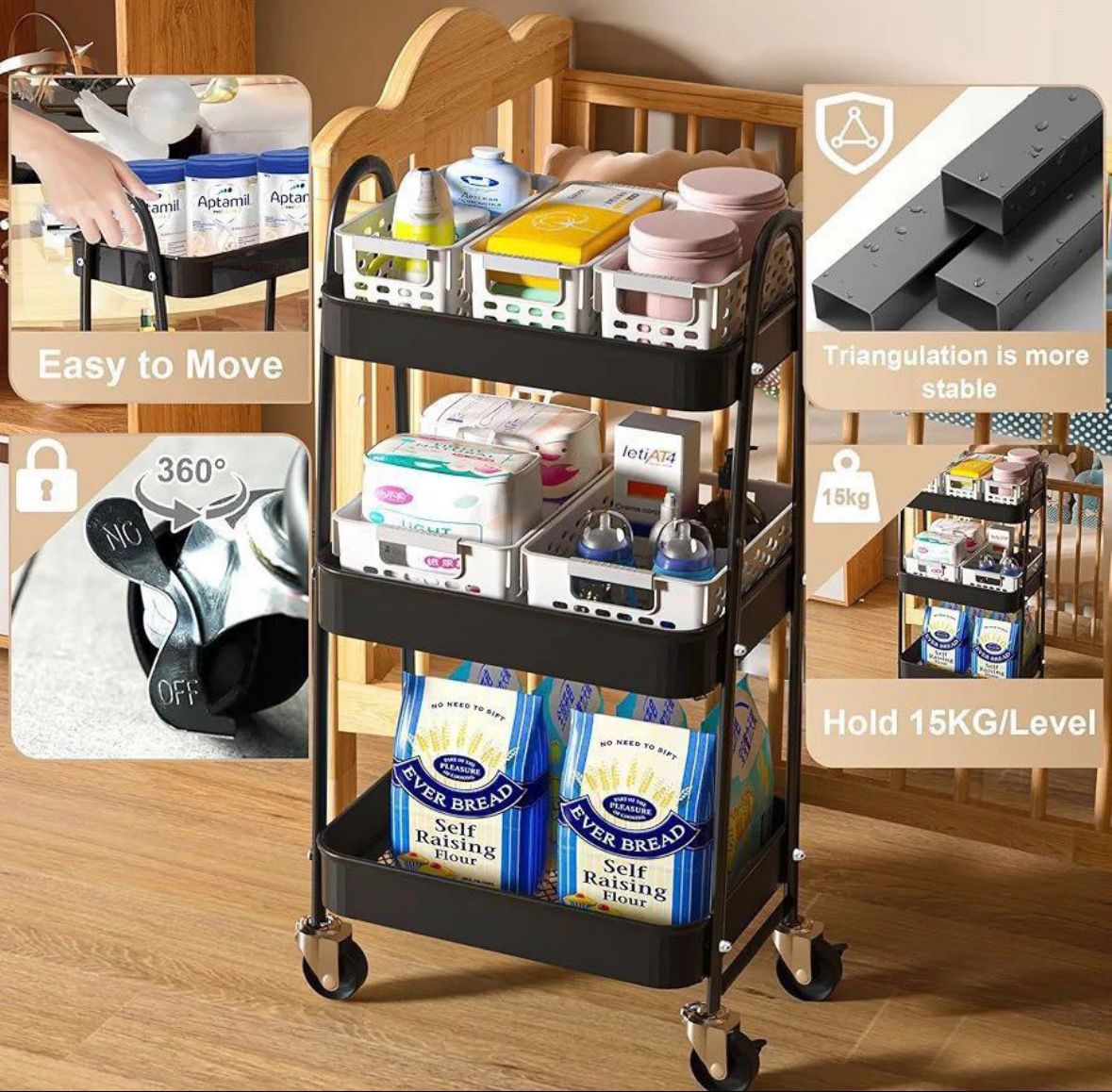 IKEA 3-Tier Metal Rolling Storage Cart – Multi-Purpose Organizer with Wheels (Rust-Resistant)